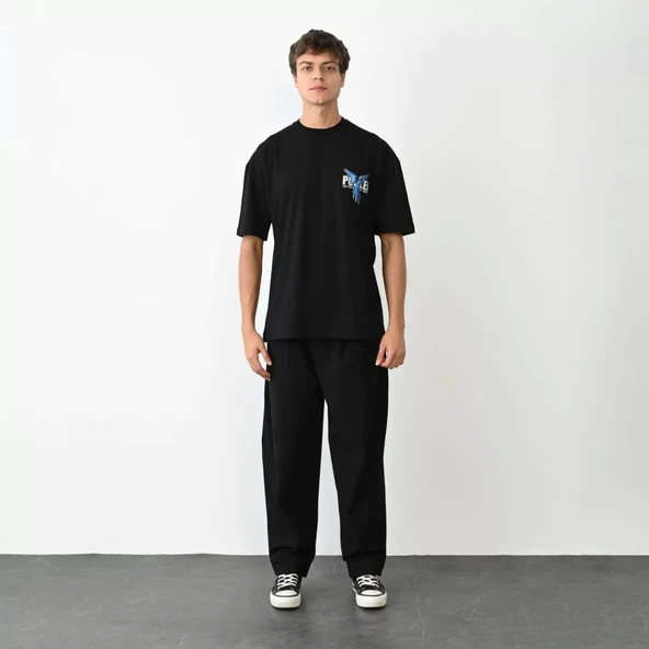 Unisex Bisiklet Yaka Baskılı Oversize T-Shirt - Siyah ürün görseli 1