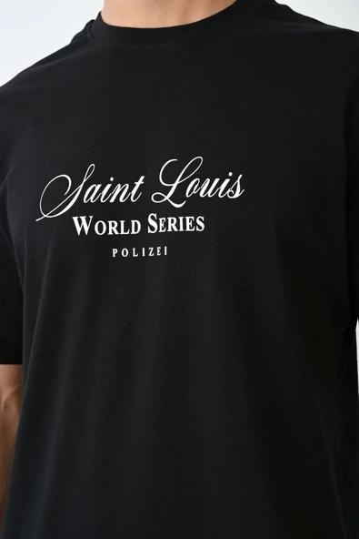 Unisex Bisiklet Yaka Baskılı Oversize T-Shirt - Siyah - Resim 2