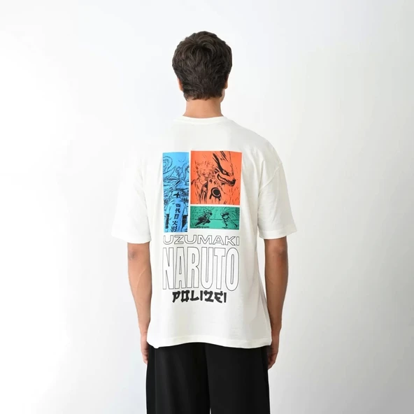 Unisex Bisiklet Yaka Baskılı Oversize T-Shirt - Beyaz - Resim 5