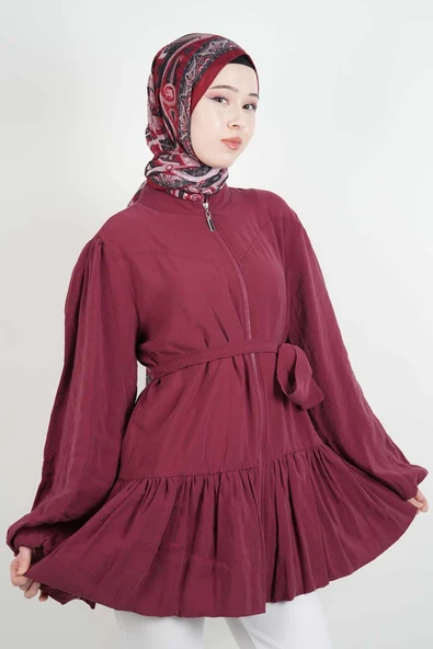 Tesettür Ceket Bel Kuşaklı Alt Fırfır Detaylı Balon Kol Fermuarlı Ceket Bordo