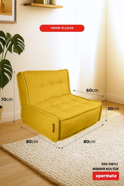 Xpermate Zen Berjer Sırtlı Minder Koltuk İskandinav Tarzı Ergonomik Yer Koltuğu Oturma Minderi 80X60 Sarı - 2