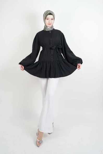 Tesettür Ceket Bel Kuşaklı Alt Fırfır Detaylı Balon Kol Fermuarlı Ceket Siyah - 2