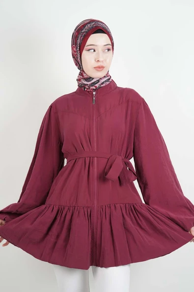 Tesettür Ceket Bel Kuşaklı Alt Fırfır Detaylı Balon Kol Fermuarlı Ceket Bordo - 3
