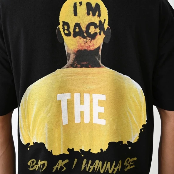 Unisex Bisiklet Yaka Baskılı Oversize T-Shirt - Siyah - Resim 5