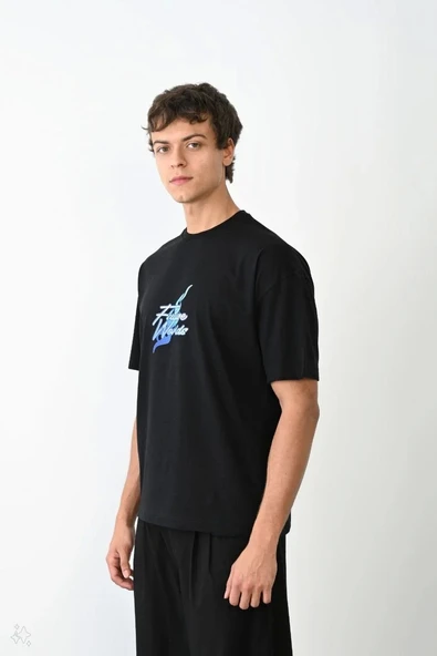 Unisex Bisiklet Yaka Baskılı Oversize T-Shirt - Siyah - Resim 3