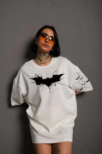 Unisex Ön ve Kol Baskılı Oversize T-shirt - Beyaz ürün görseli 1