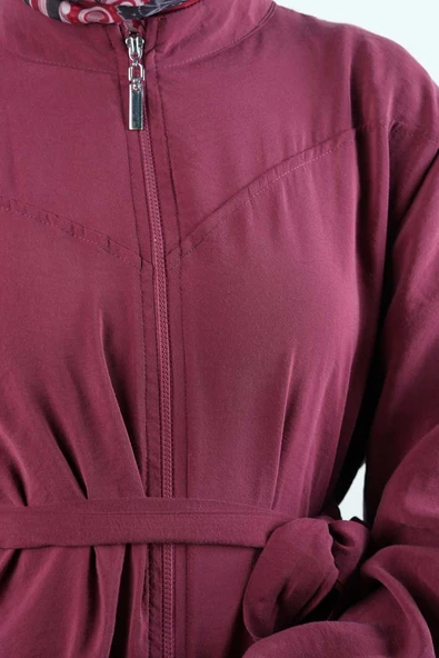 Tesettür Ceket Bel Kuşaklı Alt Fırfır Detaylı Balon Kol Fermuarlı Ceket Bordo - 4