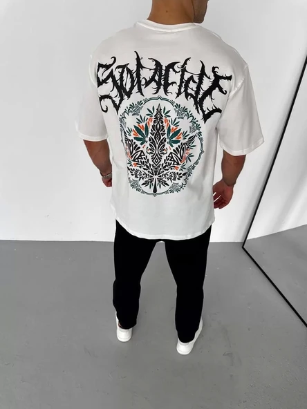 Unisex Bisiklet Yaka Baskılı Oversize T-Shirt - Beyaz - Resim 3