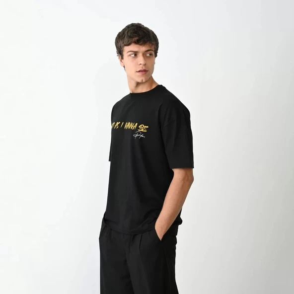 Unisex Bisiklet Yaka Baskılı Oversize T-Shirt - Siyah - Resim 3