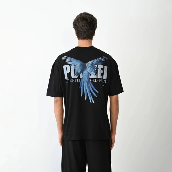 Unisex Bisiklet Yaka Baskılı Oversize T-Shirt - Siyah - Resim 5