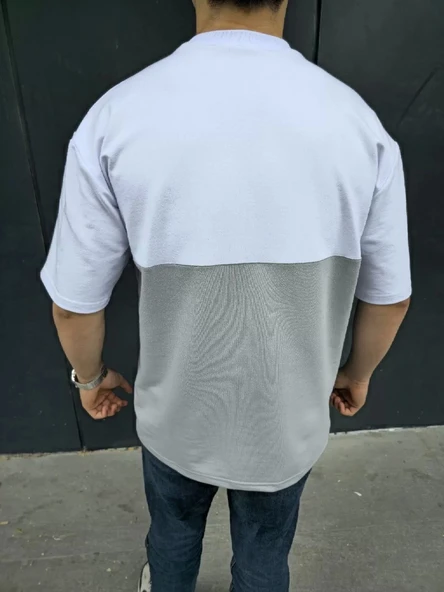 Unisex Torba Cep Detaylı Parçalı T-Shirt - Gri - Resim 6