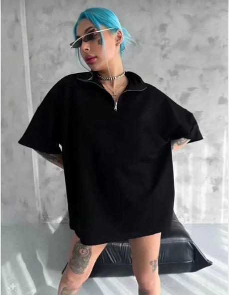 Unisex Yarım Fermuarlı Düz Oversize T-Shirt - Siyah ürün görseli 1