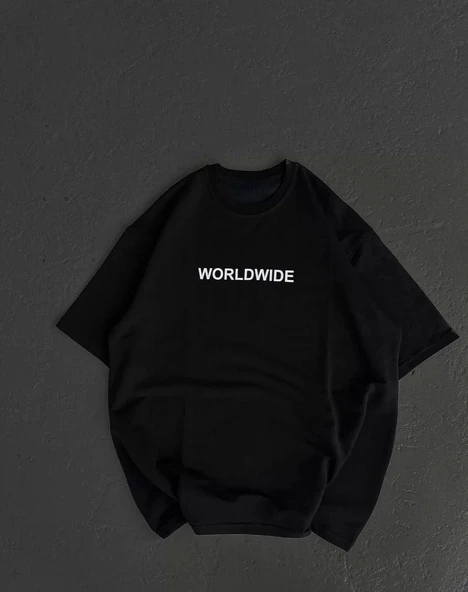 Unisex Bisiklet Yaka Baskılı Oversize T-Shirt - Siyah ürün görseli 1