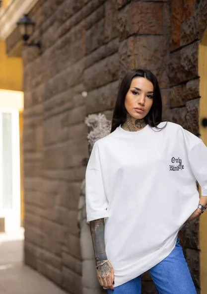 Unisex Bisiklet Yaka Baskılı Oversize T-Shirt - Beyaz - Resim 2