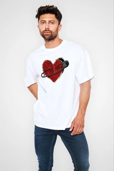 Unisex Bisiklet Yaka Baskılı Oversize T-Shirt - Beyaz ürün görseli