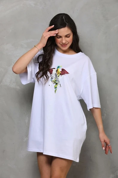 Unisex Bisiklet Yaka Baskılı Oversize T-Shirt - Beyaz - Resim 4