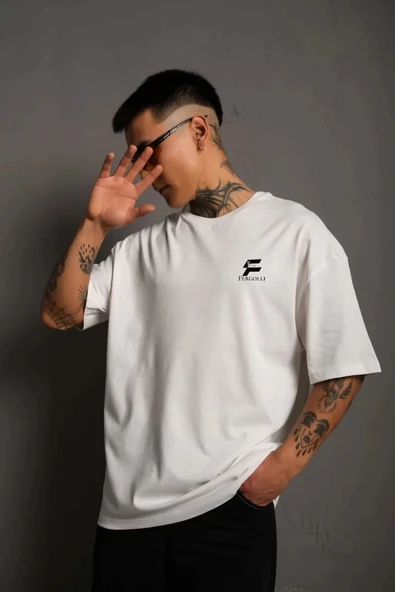 Unisex Bisiklet Yaka Baskılı Oversize T-Shirt - Beyaz ürün görseli 1