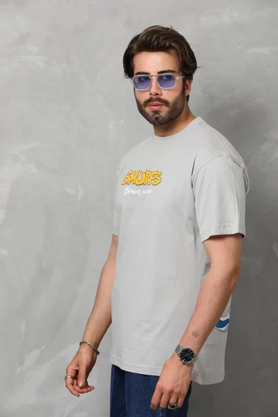 Unisex Basic Bisiklet Yaka Oversize T-Shirt - Gri - Resim 2