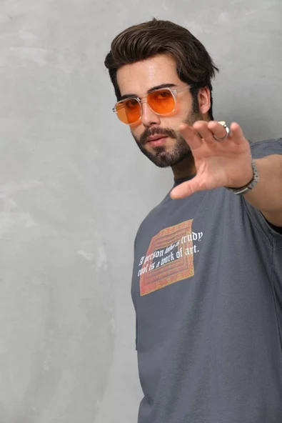 Unisex Bisiklet Yaka Baskılı Oversize T-Shirt - Füme - Resim 5