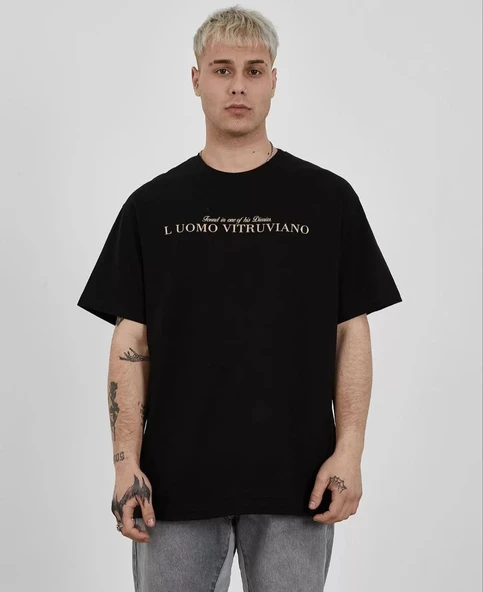 Unisex Bisiklet Yaka Baskılı Oversize T-Shirt - Siyah ürün görseli 1