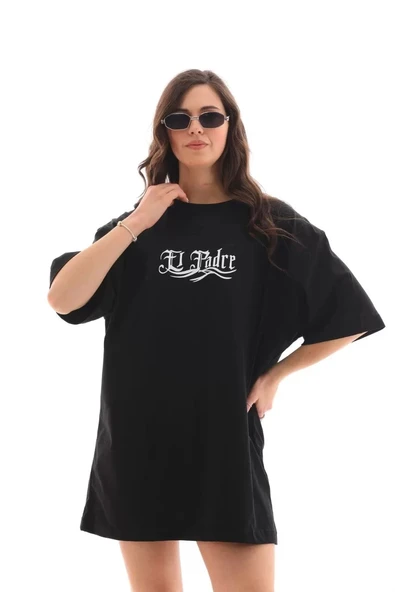 Unisex Bisiklet Yaka Baskılı Oversize T-Shirt - Siyah - Resim 7