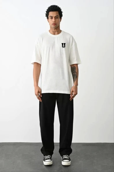 Unisex Bisiklet Yaka Baskılı Oversize T-Shirt - Beyaz ürün görseli 1