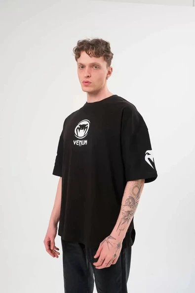 Unisex Bisiklet Yaka Baskılı Oversize T-Shirt - Siyah - Resim 2