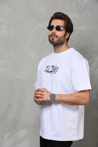 Unisex Bisiklet Yaka Baskılı Oversize T-Shirt - Beyaz - Resim 5