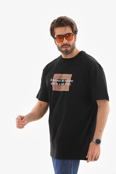 Unisex Bisiklet Yaka Baskılı Oversize T-Shirt - Siyah - Resim 7