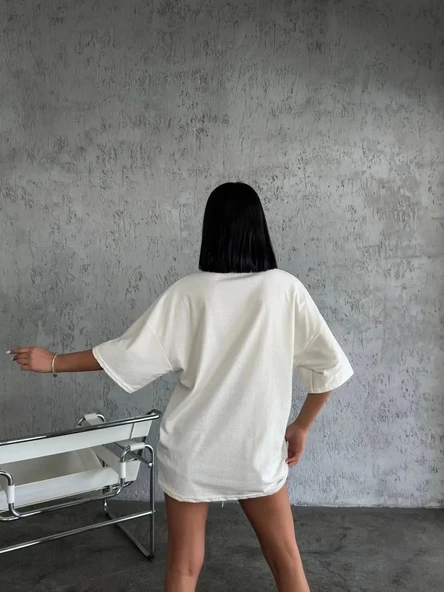 Unisex Düz Biskilet Yaka Oversize T-shirt - Beyaz - Resim 4