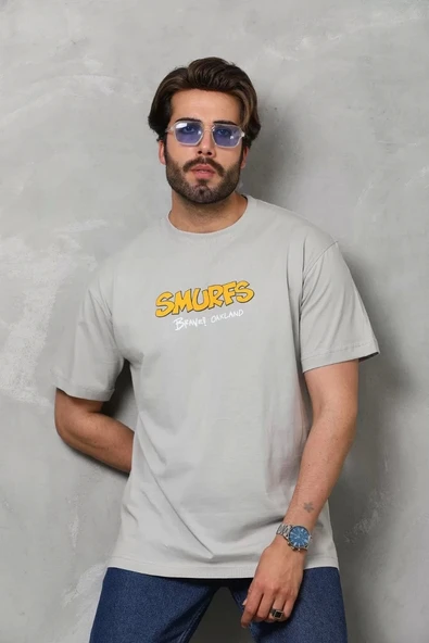 Unisex Basic Bisiklet Yaka Oversize T-Shirt - Gri - Resim 5