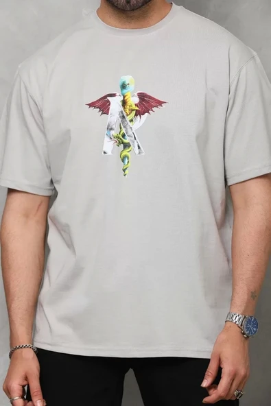 Unisex Bisiklet Yaka Baskılı Oversize T-Shirt - Gri - Resim 2