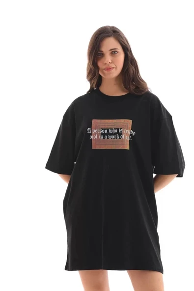 Unisex Bisiklet Yaka Baskılı Oversize T-Shirt - Siyah - Resim 4