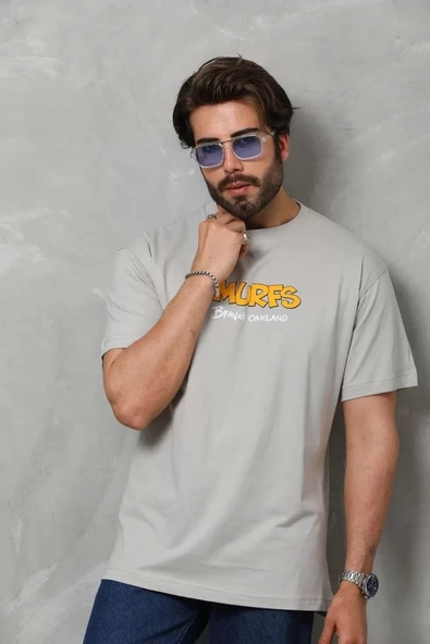 Unisex Basic Bisiklet Yaka Oversize T-Shirt - Gri - Resim 7