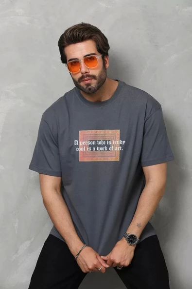 Unisex Bisiklet Yaka Baskılı Oversize T-Shirt - Füme - Resim 6