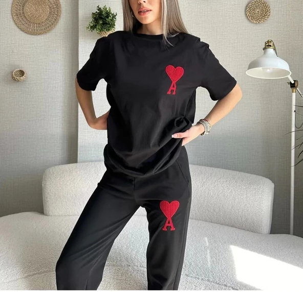 Unisex Paçası Lastikli Eşofman Altlı Takım - Siyah - Resim 2