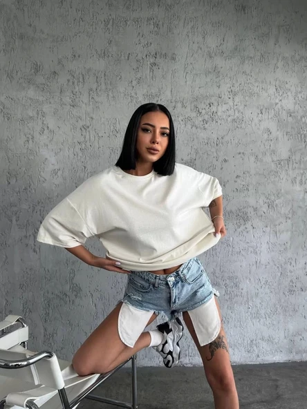 Unisex Düz Biskilet Yaka Oversize T-shirt - Beyaz - Resim 2