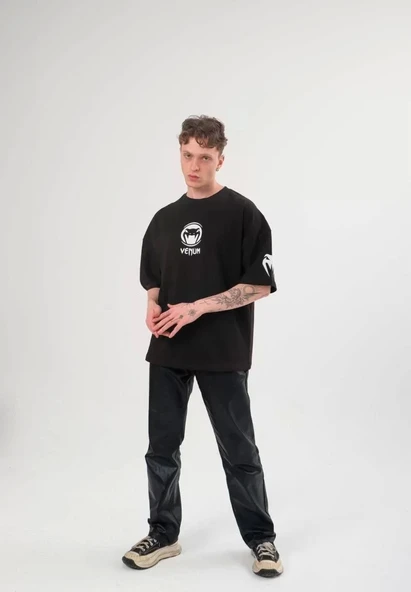 Unisex Bisiklet Yaka Baskılı Oversize T-Shirt - Siyah ürün görseli