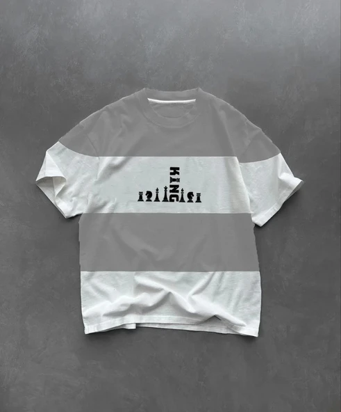 Unisex Bisiklet Yaka Baskılı Parçalı Oversize T-Shirt - Gri ürün görseli 1