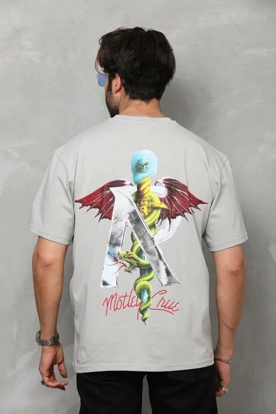 Unisex Bisiklet Yaka Baskılı Oversize T-Shirt - Gri - Resim 7