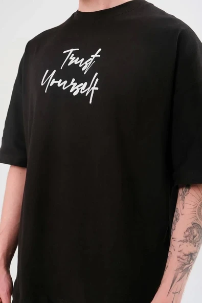 Unisex Bisiklet Yaka Baskılı Oversize T-Shirt - Siyah - Resim 2