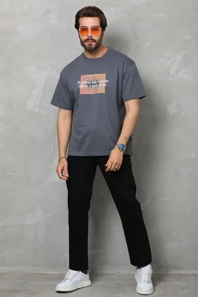 Unisex Bisiklet Yaka Baskılı Oversize T-Shirt - Füme - Resim 3