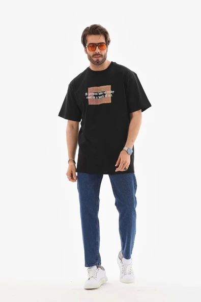 Unisex Bisiklet Yaka Baskılı Oversize T-Shirt - Siyah ürün görseli 1