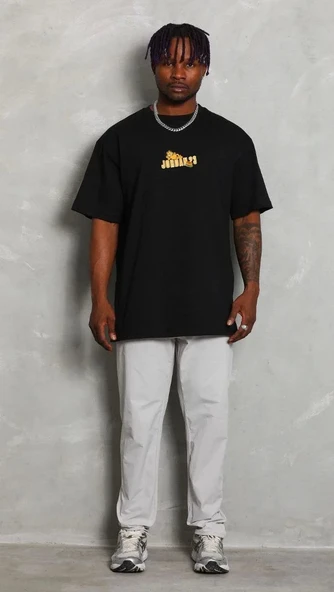 Unisex Bisiklet Yaka Baskılı Oversize T-Shirt - Siyah ürün görseli