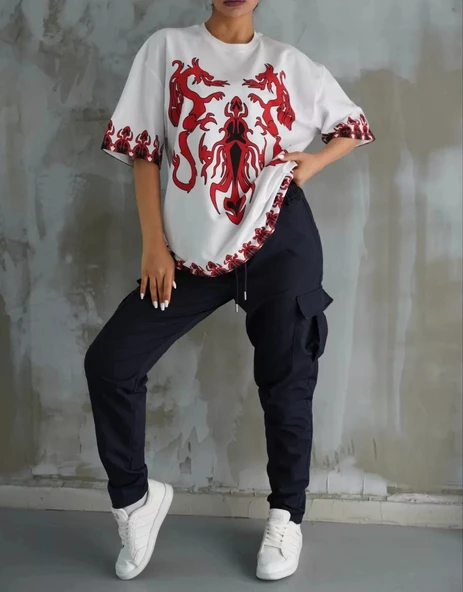 Unisex Bisiklet Yaka Baskılı Oversize T-Shirt - Beyaz - Resim 2