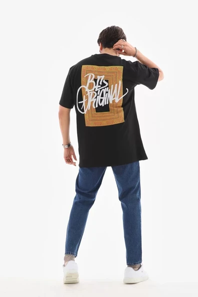 Unisex Bisiklet Yaka Baskılı Oversize T-Shirt - Siyah - Resim 6