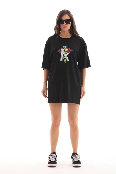 Unisex Bisiklet Yaka Baskılı Oversize T-Shirt - Siyah ürün görseli 1