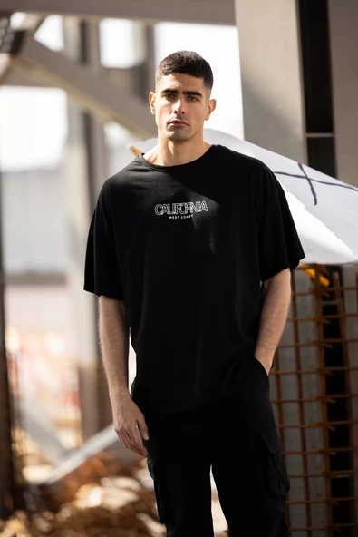 Unisex Bisiklet Yaka Baskılı Oversize T-Shirt - Siyah ürün görseli 1