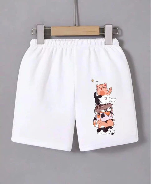 Kadın Beli Lastikli Baskılı Mini Şort - Beyaz ürün görseli