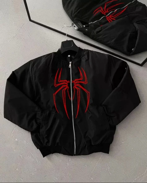Unisex Uzun Kol Örümcek Baskılı Bomber Ceket - Siyah ürün görseli 1